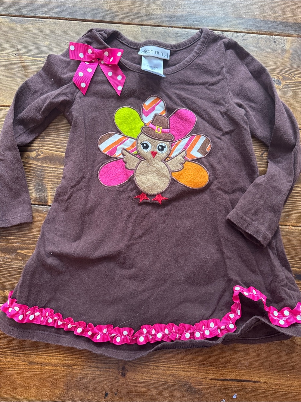 Childrens Brown Turkey Applique Long Sleeve Top with Pink Accents